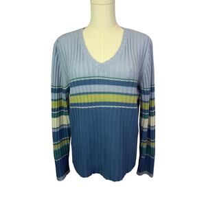 Y2K Faded Glory Missys large 12-14 green Blue Cable Ribbed V-Neck Sweater